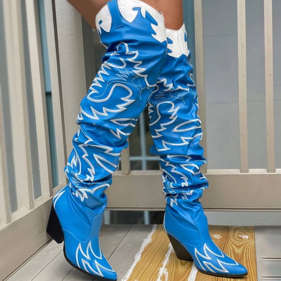Cape Robbin Shoes - NEW🔥 Denim Blue Slouchy Embroidered Over The Knee Cowboy Cowgirl Western Boots